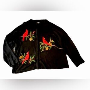 Women’s 2X Black Zip Cardigan Sweater Embroidered Red Cardinals Holiday